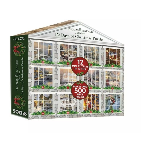 Thomas Kinkade 12 Days Of Christmas Puzzle, 12 Tins&Puzzles Makes One Big Puzzle - Picture 1 of 6